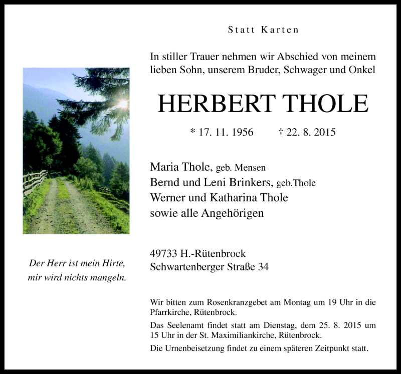 Traueranzeige für Herbert Thole vom 24.08.2015 aus Neue Osnabrücker Zeitung GmbH & Co. KG
