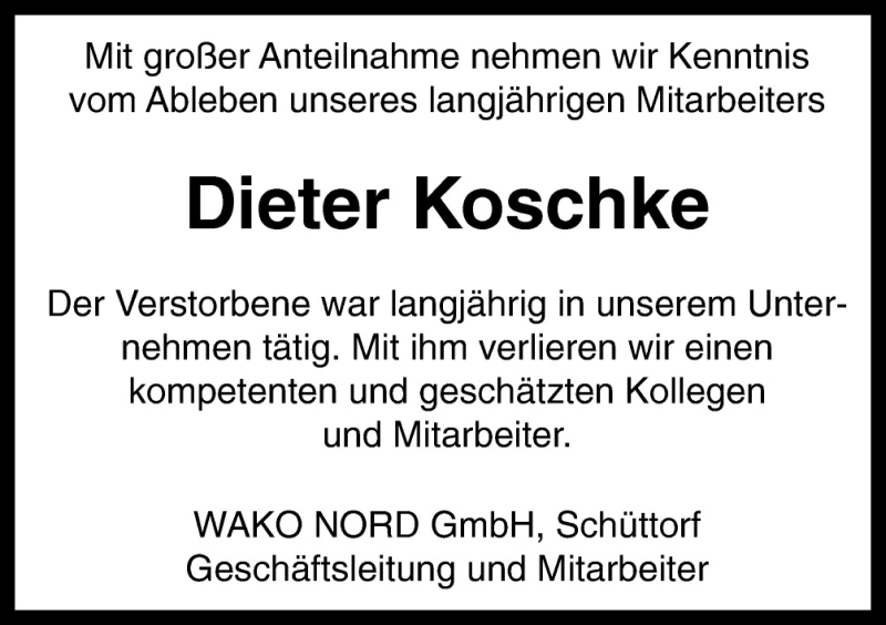  Traueranzeige für Dieter Koschke vom 08.08.2015 aus Neue Osnabrücker Zeitung GmbH & Co. KG