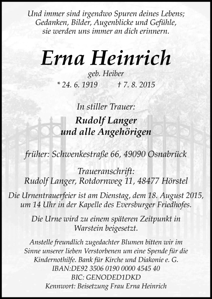  Traueranzeige für Erna Heinrich vom 13.08.2015 aus Neue Osnabrücker Zeitung GmbH & Co. KG