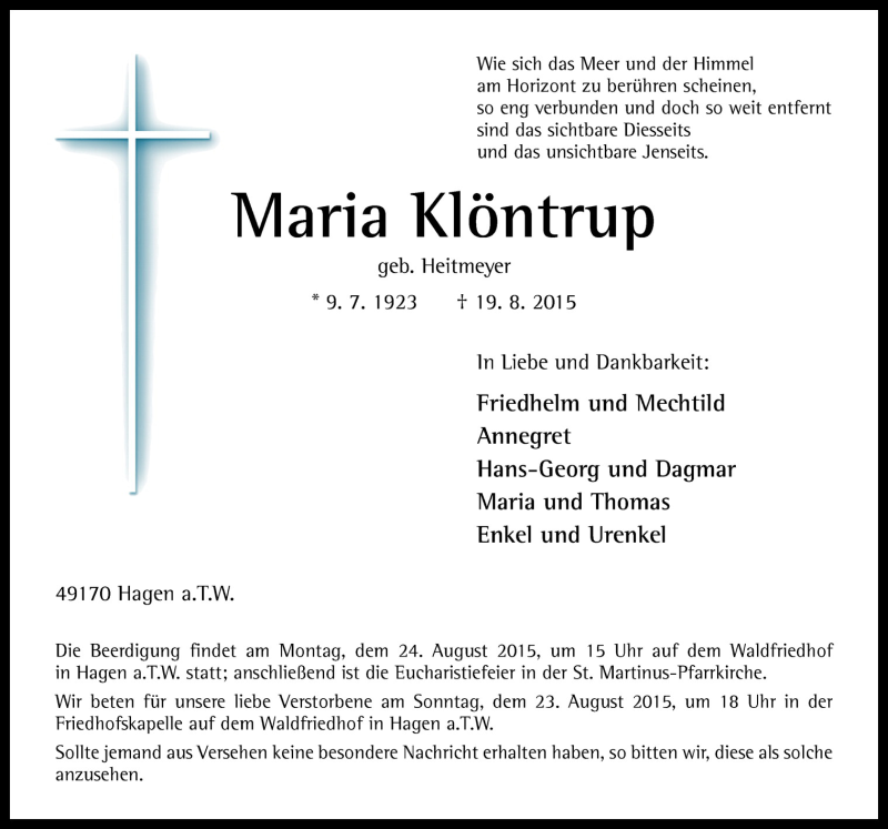  Traueranzeige für Maria Klöntrups vom 21.08.2015 aus Neue Osnabrücker Zeitung GmbH & Co. KG