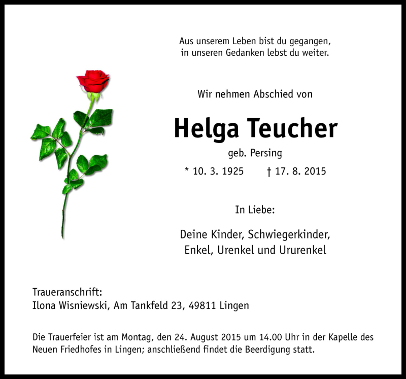  Traueranzeige für Helga Teucher vom 21.08.2015 aus Neue Osnabrücker Zeitung GmbH & Co. KG