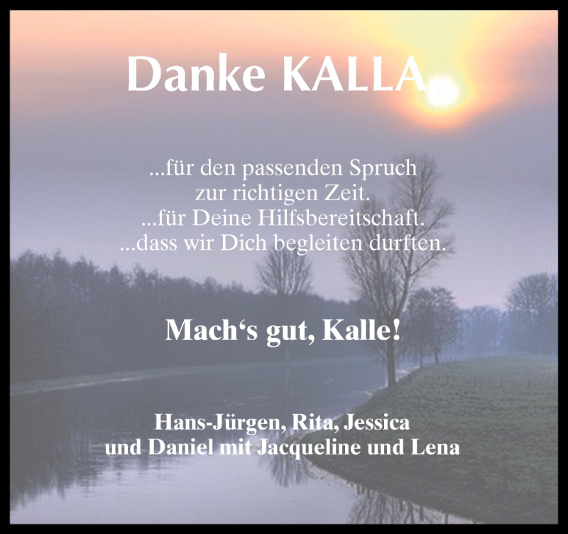  Traueranzeige für Kalla  vom 12.08.2015 aus Neue Osnabrücker Zeitung GmbH & Co. KG