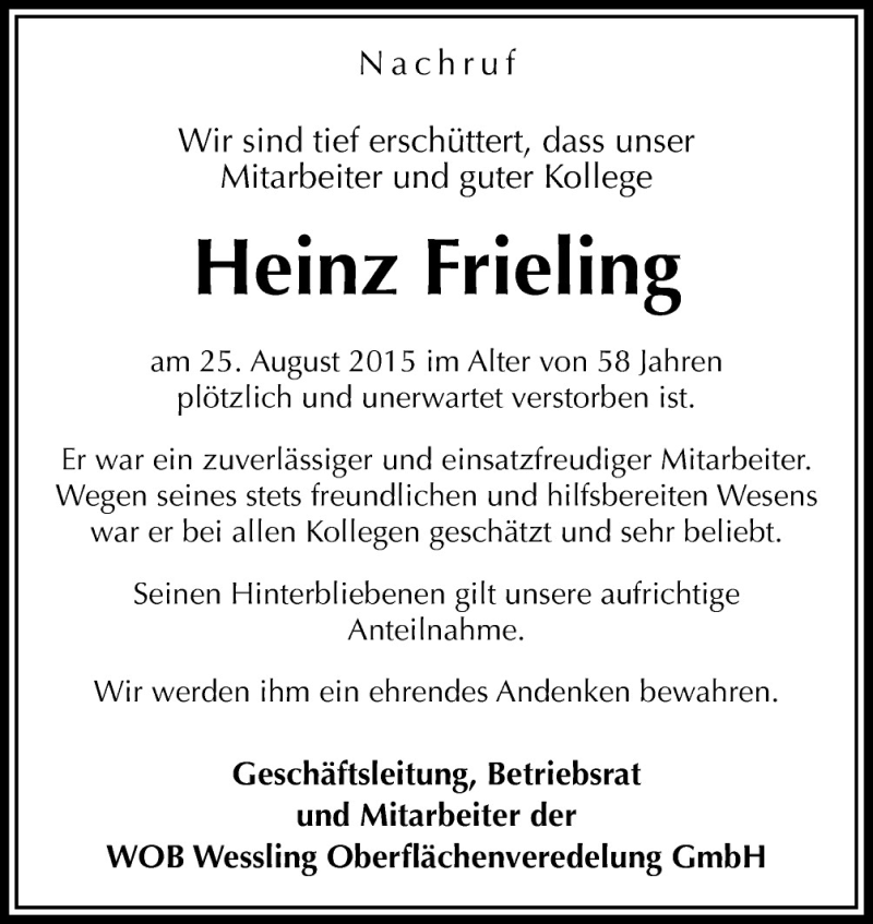  Traueranzeige für Heinz Frieling vom 31.08.2015 aus Neue Osnabrücker Zeitung GmbH & Co. KG