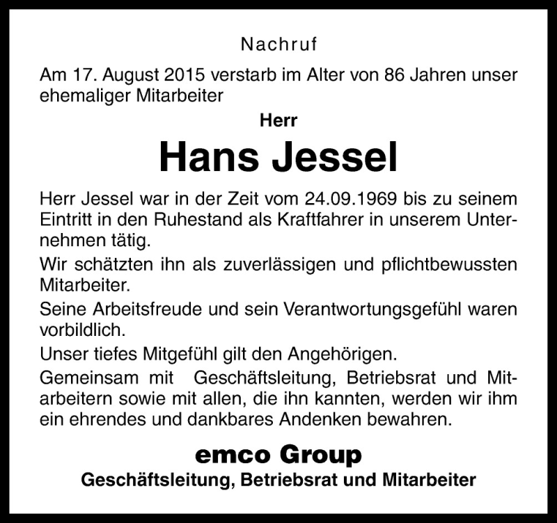 Traueranzeige für Hans  Jessel vom 22.08.2015 aus Neue Osnabrücker Zeitung GmbH & Co. KG