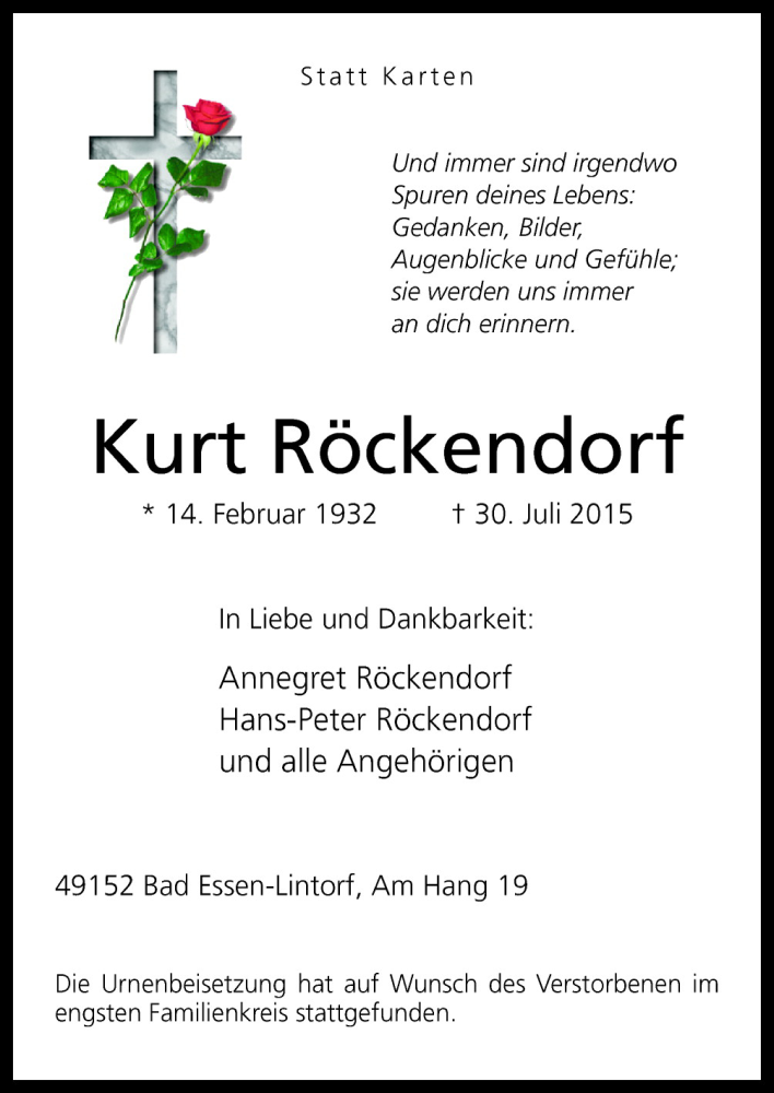  Traueranzeige für Kurt Röckendorf vom 11.08.2015 aus Neue Osnabrücker Zeitung GmbH & Co. KG