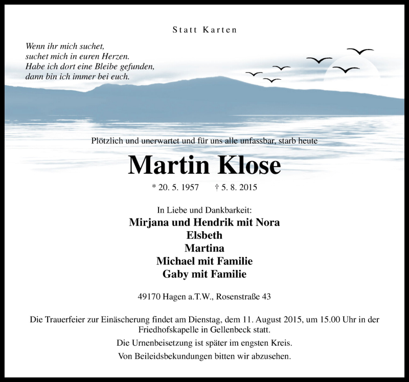  Traueranzeige für Martin Klose vom 08.08.2015 aus Neue Osnabrücker Zeitung GmbH & Co. KG