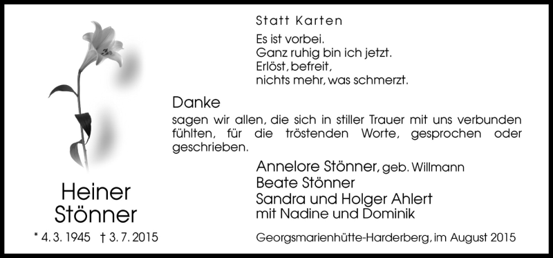  Traueranzeige für Heiner Stönner vom 08.08.2015 aus Neue Osnabrücker Zeitung GmbH & Co. KG
