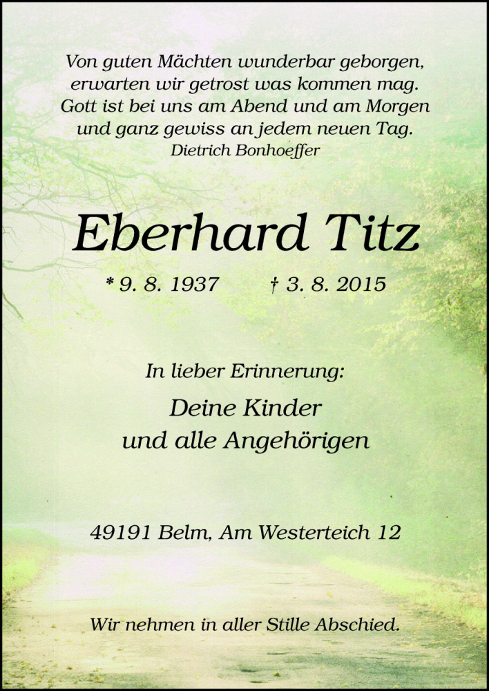  Traueranzeige für Eberhard Titz vom 08.08.2015 aus Neue Osnabrücker Zeitung GmbH & Co. KG