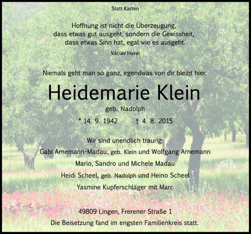  Traueranzeige für Heidemarie Klein vom 10.08.2015 aus Neue Osnabrücker Zeitung GmbH & Co. KG