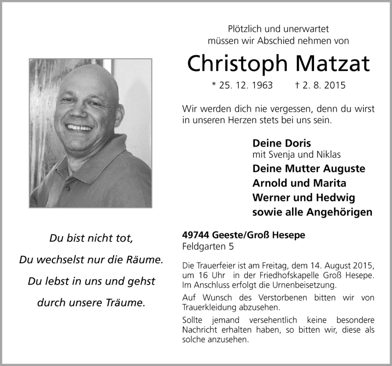  Traueranzeige für Christoph Matzat vom 08.08.2015 aus Neue Osnabrücker Zeitung GmbH & Co. KG
