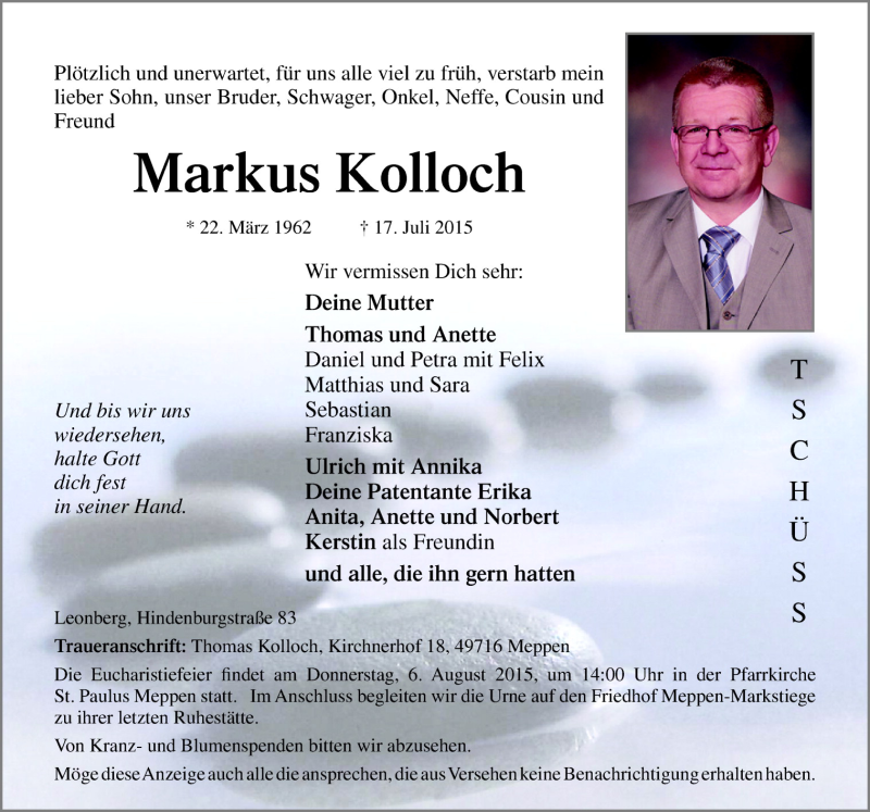  Traueranzeige für Markus Kolloch vom 03.08.2015 aus Neue Osnabrücker Zeitung GmbH & Co. KG