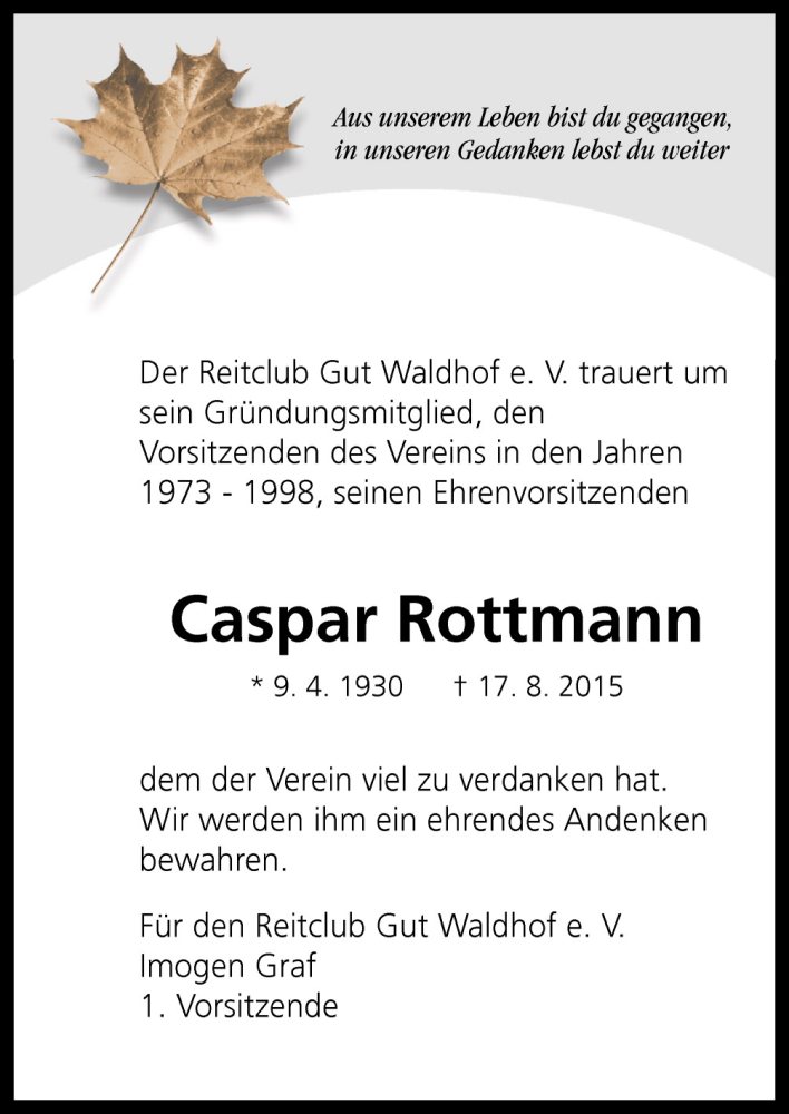  Traueranzeige für Caspar Rottmann vom 22.08.2015 aus Neue Osnabrücker Zeitung GmbH & Co. KG