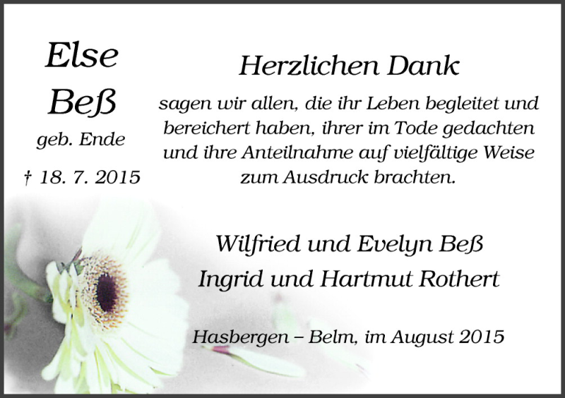  Traueranzeige für Else Beß vom 31.08.2015 aus Neue Osnabrücker Zeitung GmbH & Co. KG