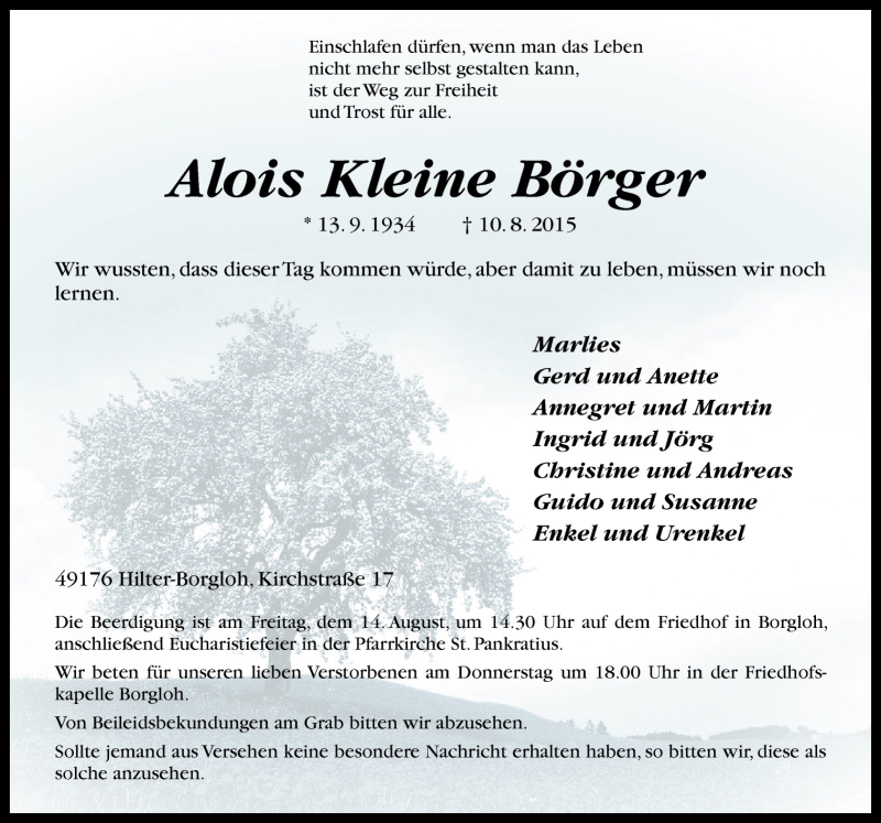  Traueranzeige für Alois Kleine Börger vom 12.08.2015 aus Neue Osnabrücker Zeitung GmbH & Co. KG