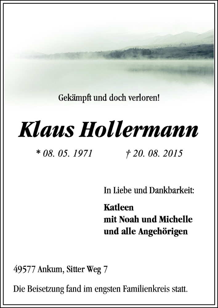  Traueranzeige für Klaus Hollermann vom 26.08.2015 aus Neue Osnabrücker Zeitung GmbH & Co. KG