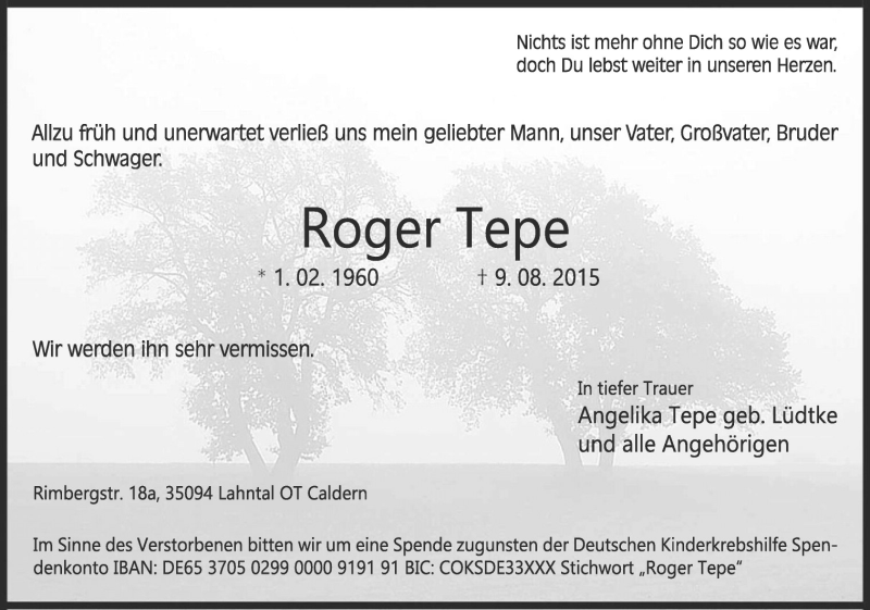  Traueranzeige für Roger Tepe vom 15.08.2015 aus Neue Osnabrücker Zeitung GmbH & Co. KG