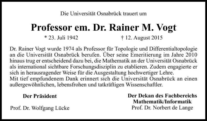  Traueranzeige für Rainer Vogt vom 22.08.2015 aus Neue Osnabrücker Zeitung GmbH & Co. KG