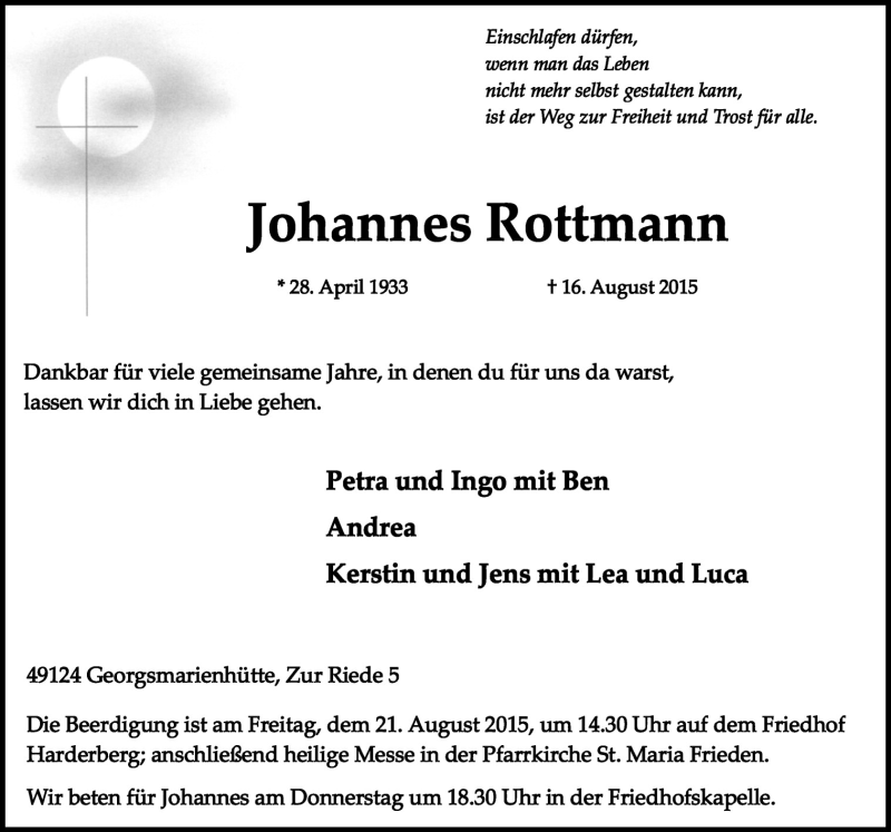  Traueranzeige für Johannes Rottmann vom 18.08.2015 aus Neue Osnabrücker Zeitung GmbH & Co. KG