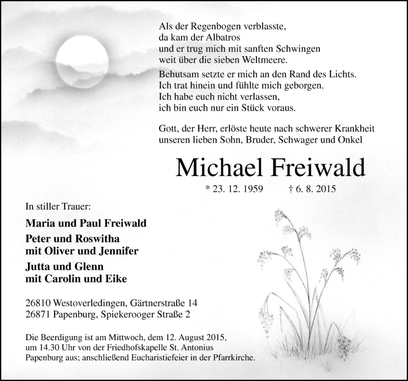  Traueranzeige für Michael Freiwald vom 10.08.2015 aus Neue Osnabrücker Zeitung GmbH & Co. KG