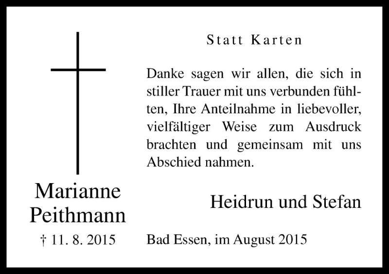  Traueranzeige für Marianne Peithmann vom 29.08.2015 aus Neue Osnabrücker Zeitung GmbH & Co. KG