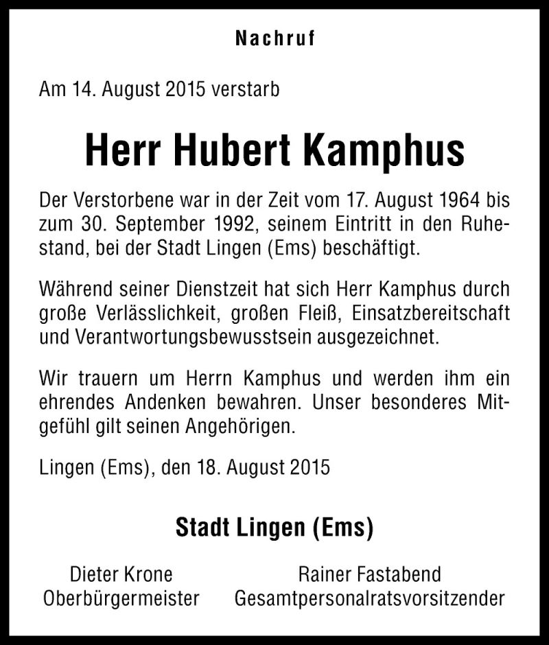  Traueranzeige für Hubert Kamphus vom 20.08.2015 aus Neue Osnabrücker Zeitung GmbH & Co. KG