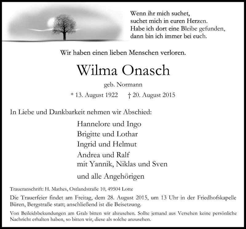  Traueranzeige für Wilma Onasch vom 22.08.2015 aus Neue Osnabrücker Zeitung GmbH & Co. KG
