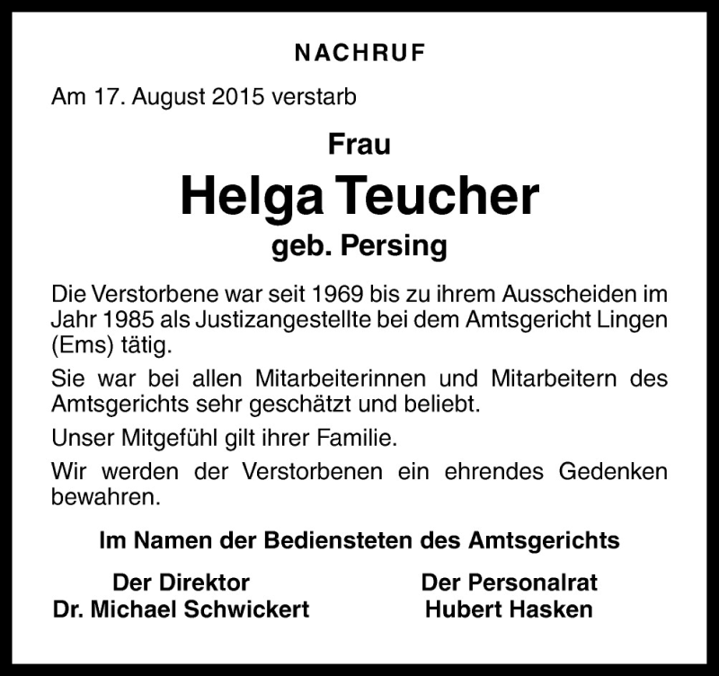  Traueranzeige für Helga Teucher vom 27.08.2015 aus Neue Osnabrücker Zeitung GmbH & Co. KG