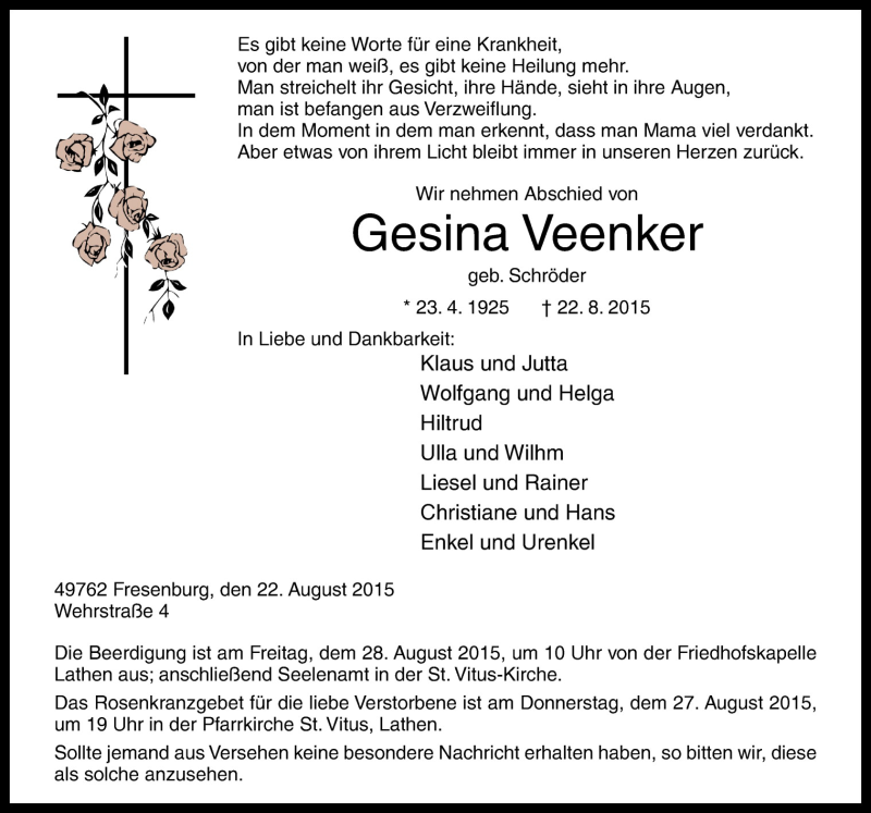  Traueranzeige für Gesina Veenker vom 25.08.2015 aus Neue Osnabrücker Zeitung GmbH & Co. KG