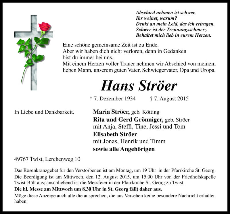  Traueranzeige für Hans Ströer vom 10.08.2015 aus Neue Osnabrücker Zeitung GmbH & Co. KG