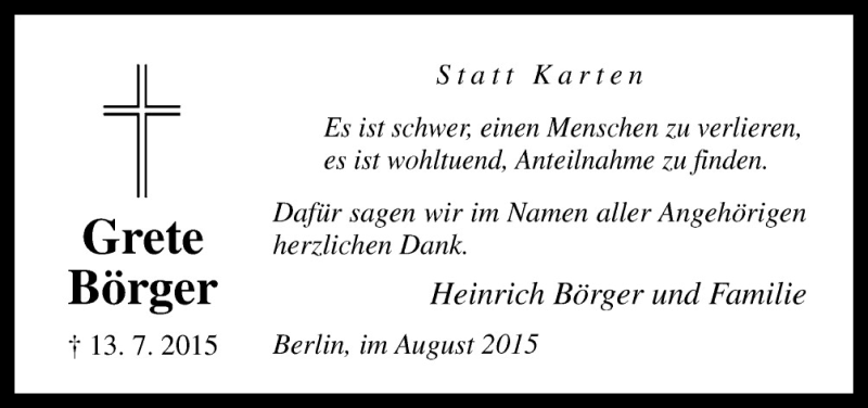  Traueranzeige für Grete Börger vom 22.08.2015 aus Neue Osnabrücker Zeitung GmbH & Co. KG
