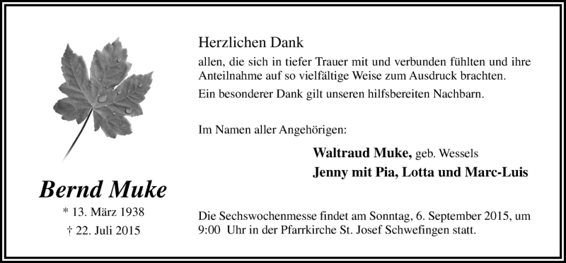  Traueranzeige für Bernd Muke vom 29.08.2015 aus Neue Osnabrücker Zeitung GmbH & Co. KG