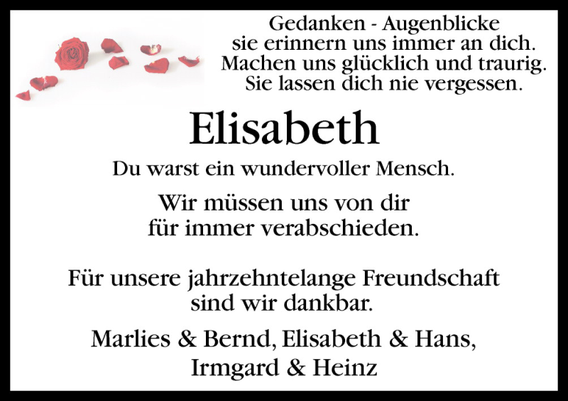  Traueranzeige für Elisabeth  vom 05.08.2015 aus Neue Osnabrücker Zeitung GmbH & Co. KG