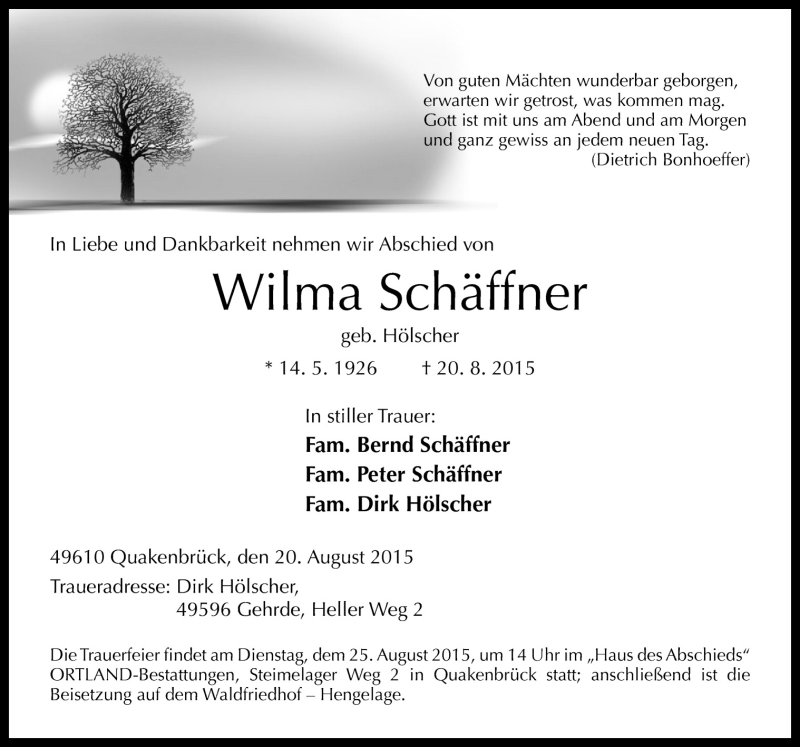  Traueranzeige für Wilma Schäffner vom 22.08.2015 aus Neue Osnabrücker Zeitung GmbH & Co. KG
