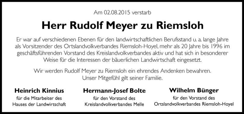  Traueranzeige für Rudolf Meyer zu Riemsloh vom 07.08.2015 aus Neue Osnabrücker Zeitung GmbH & Co. KG