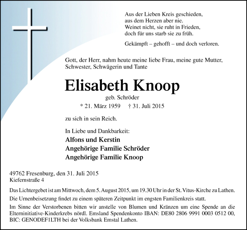  Traueranzeige für Elisabeth Knoop vom 03.08.2015 aus Neue Osnabrücker Zeitung GmbH & Co. KG