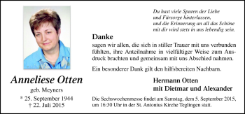 Traueranzeige von Anneliese Otten von Neue Osnabrücker Zeitung GmbH & Co. KG