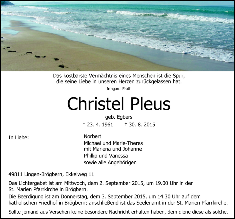  Traueranzeige für Christel Pleus vom 02.09.2015 aus Neue Osnabrücker Zeitung GmbH & Co. KG