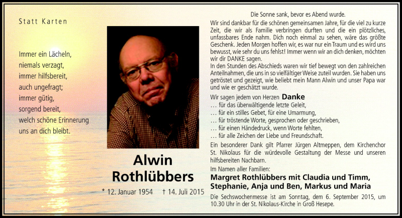  Traueranzeige für Alwin Rothlübbers vom 02.09.2015 aus Neue Osnabrücker Zeitung GmbH & Co. KG