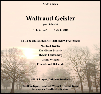 Traueranzeige von Waltraud Geisler von Neue Osnabrücker Zeitung GmbH & Co. KG