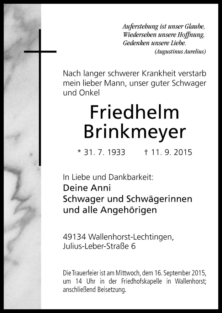  Traueranzeige für Friedhelm Brinkmeyer vom 14.09.2015 aus Neue Osnabrücker Zeitung GmbH & Co. KG