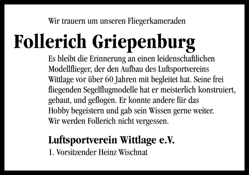  Traueranzeige für Follerich Griepenburg vom 08.09.2015 aus Neue Osnabrücker Zeitung GmbH & Co. KG