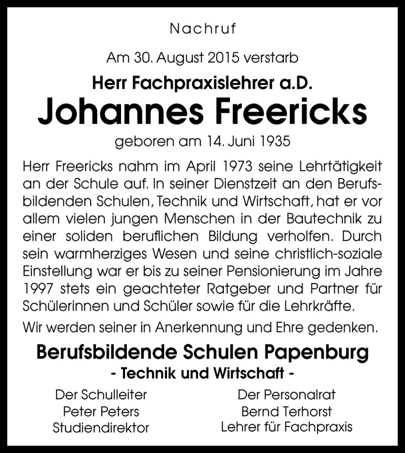  Traueranzeige für Johannes Freericks vom 05.09.2015 aus Neue Osnabrücker Zeitung GmbH & Co. KG