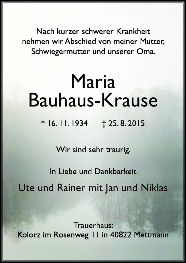  Traueranzeige für Maria Bauhaus-Krause vom 05.09.2015 aus Neue Osnabrücker Zeitung GmbH & Co. KG