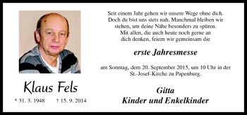 Traueranzeige von Klaus Fels von Neue Osnabrücker Zeitung GmbH & Co. KG
