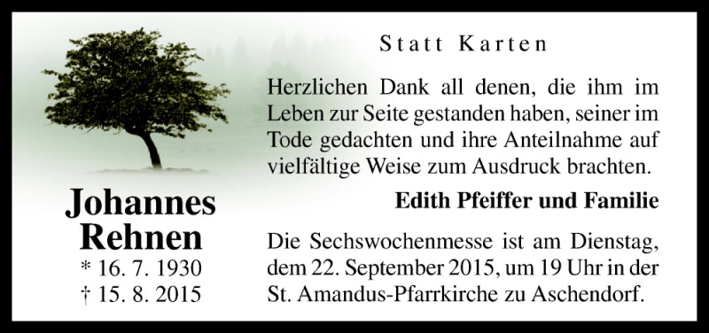  Traueranzeige für Johannes Rehnen vom 19.09.2015 aus Neue Osnabrücker Zeitung GmbH & Co. KG