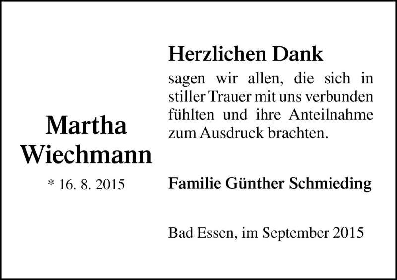  Traueranzeige für Martha Wiechmann vom 26.09.2015 aus Neue Osnabrücker Zeitung GmbH & Co. KG