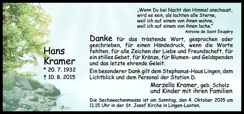  Traueranzeige für Hans Kramer vom 30.09.2015 aus Neue Osnabrücker Zeitung GmbH & Co. KG