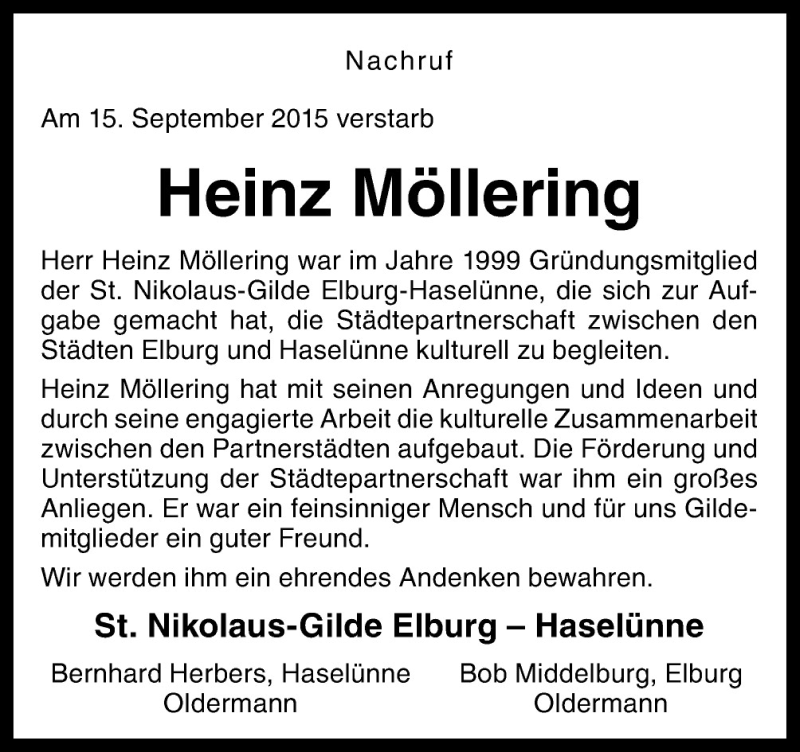  Traueranzeige für Heinz Möllering vom 19.09.2015 aus Neue Osnabrücker Zeitung GmbH & Co. KG