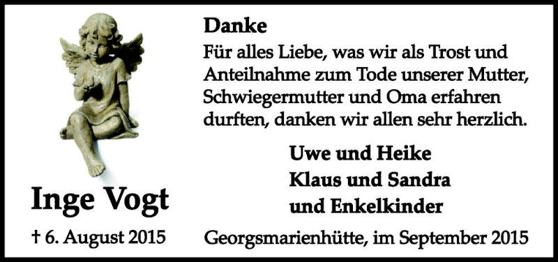  Traueranzeige für Inge Vogt vom 19.09.2015 aus Neue Osnabrücker Zeitung GmbH & Co. KG