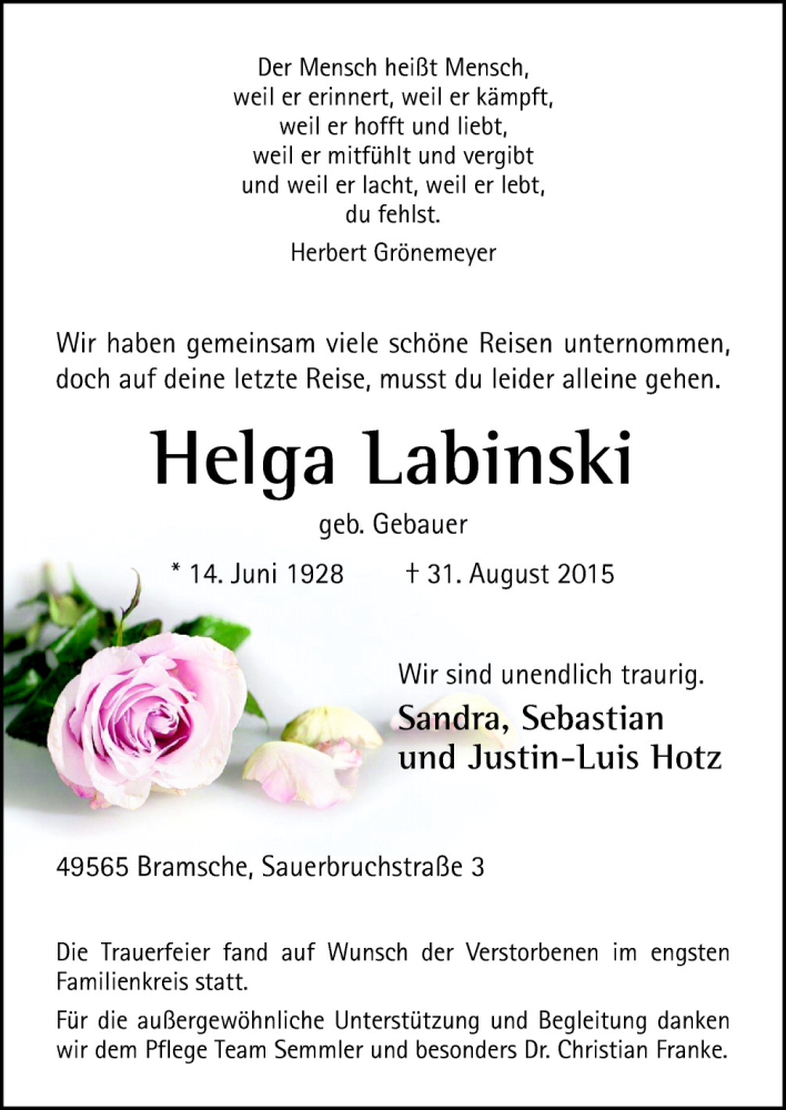  Traueranzeige für Helga Labinski vom 05.09.2015 aus Neue Osnabrücker Zeitung GmbH & Co. KG